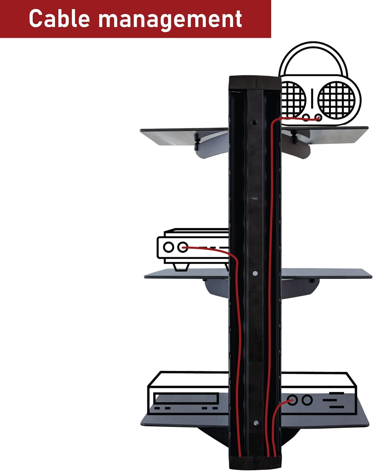 MegaMounts Tempered Glass 3-Shelf Multimedia Mounting Unit, 9.84inH x 23.62inW x 14.17inD, Black