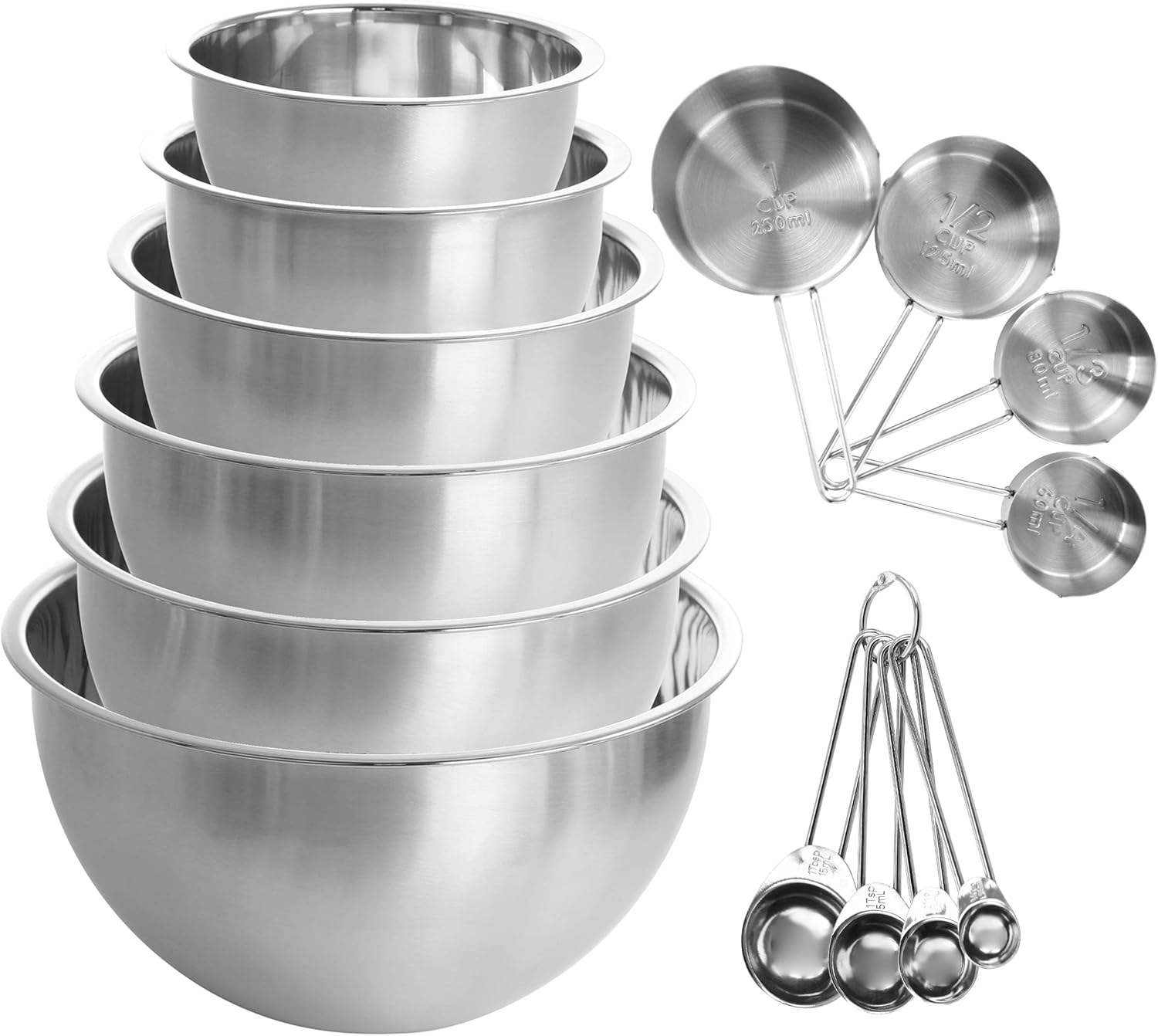 MegaChef 14 Piece Stainless Steel Measuring Cup and Spoon Set with Mixing Bowls, Silver