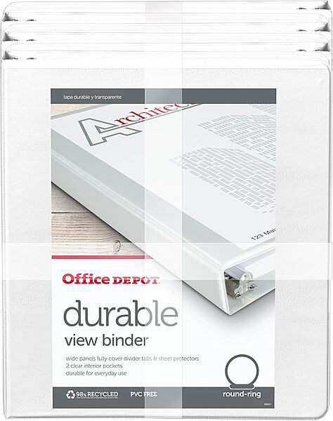 Office Depot® Brand Durable Round-Ring View Binders, 1" Rings, White, Pack of 6 Binders
