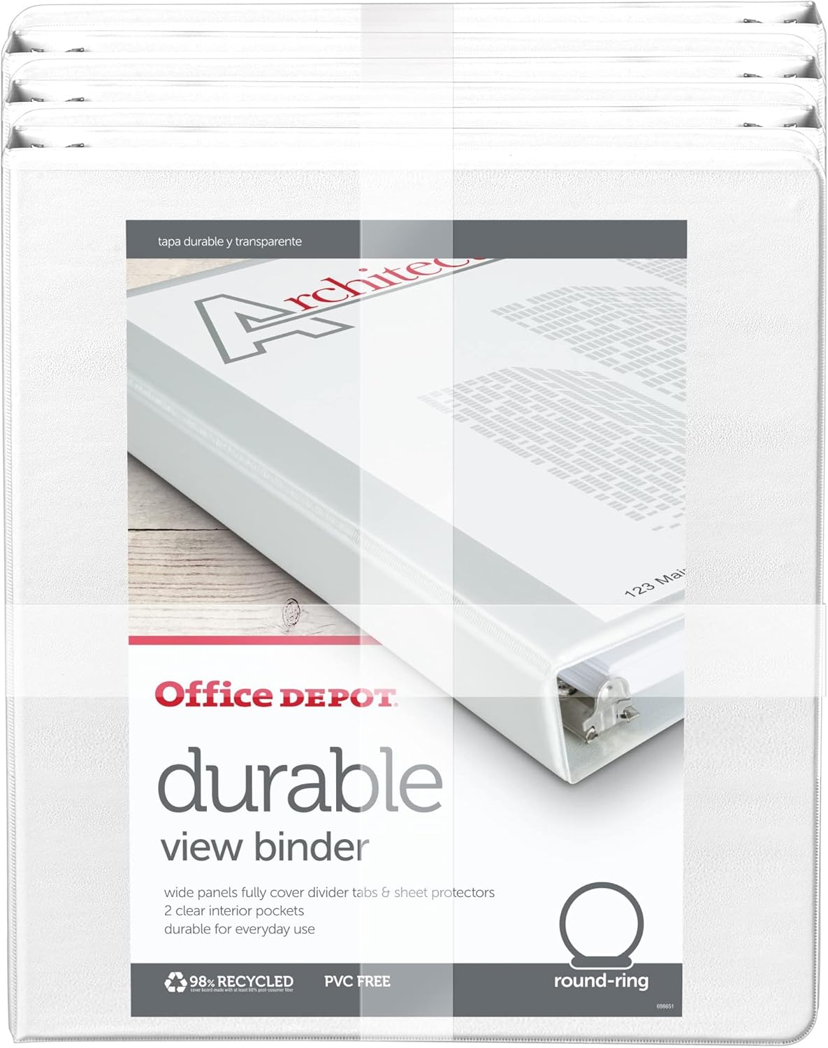 Office Depot® Brand Durable Round-Ring View Binders, 1" Rings, White, Pack of 6 Binders