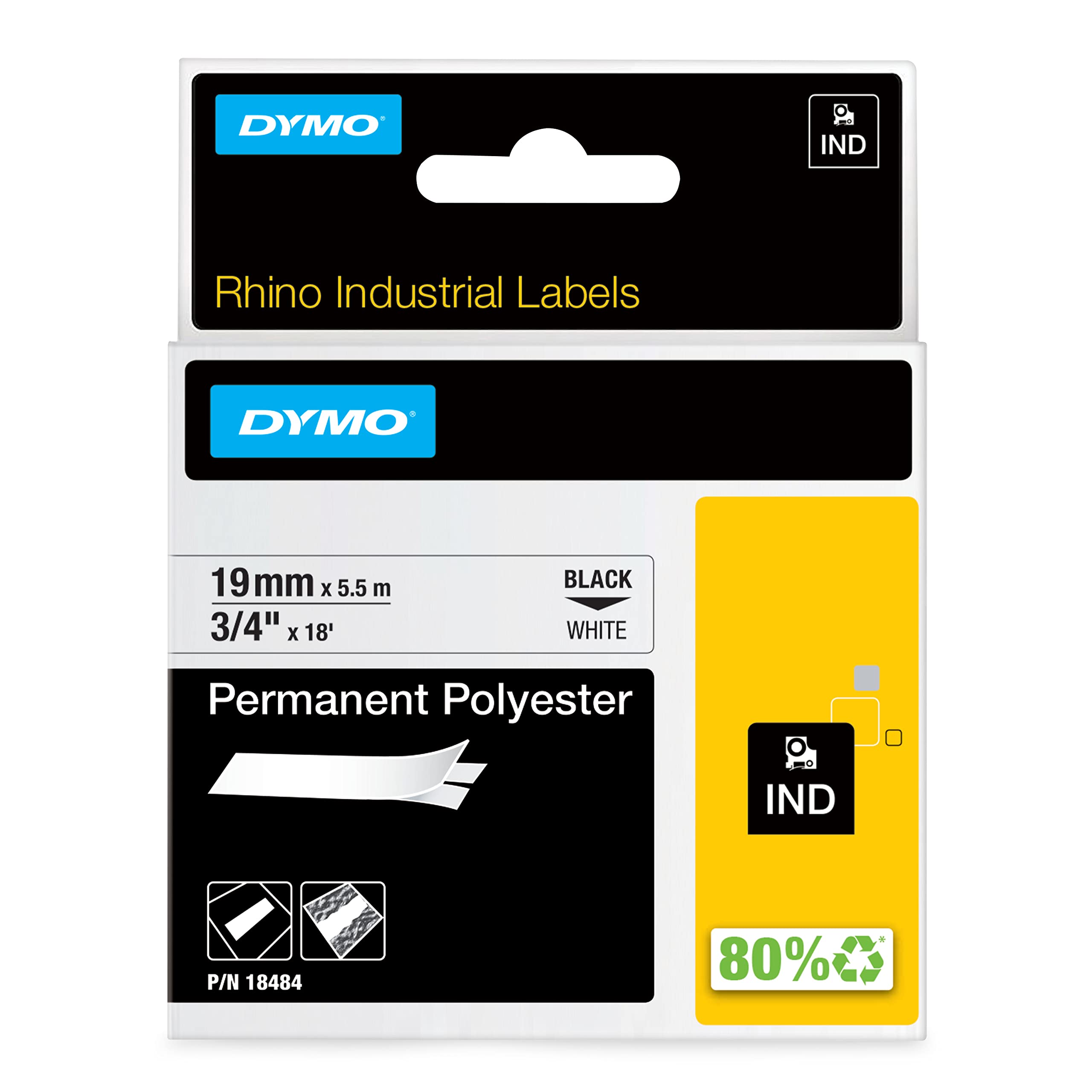 DYMO Rhino Industrial Permanent Polyester Labels, Black Print on White Tape