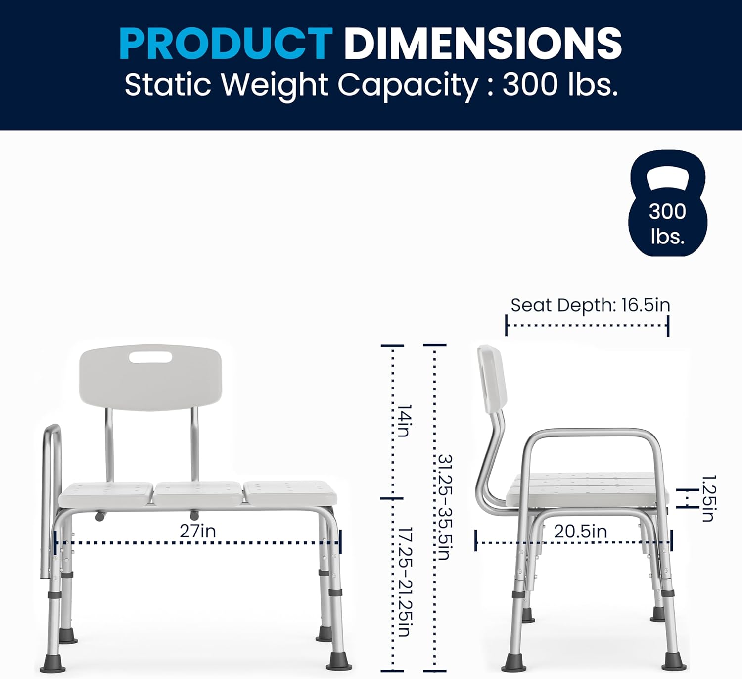 Flash Furniture HERCULES Series 300 Lb. Capacity Adjustable Bath & Shower Transfer Bench with Back and Side Arm