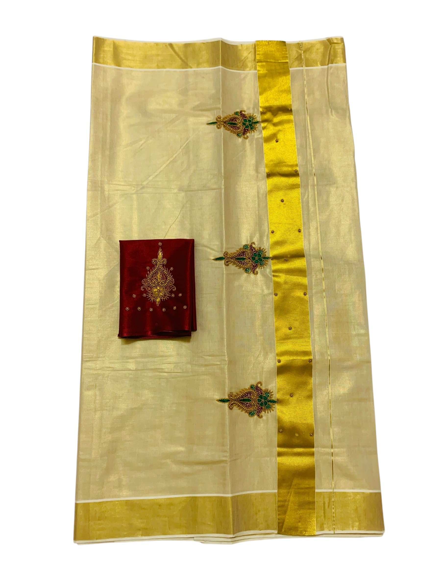 Kuthampully Kerala Kasavu Sarees For Women | Handcrafted Aari work Kerala Sarees | Tissue Onam Saree With Running Blouse | South Indian Sarees | Onam Saree EKM-836 (Maroon)