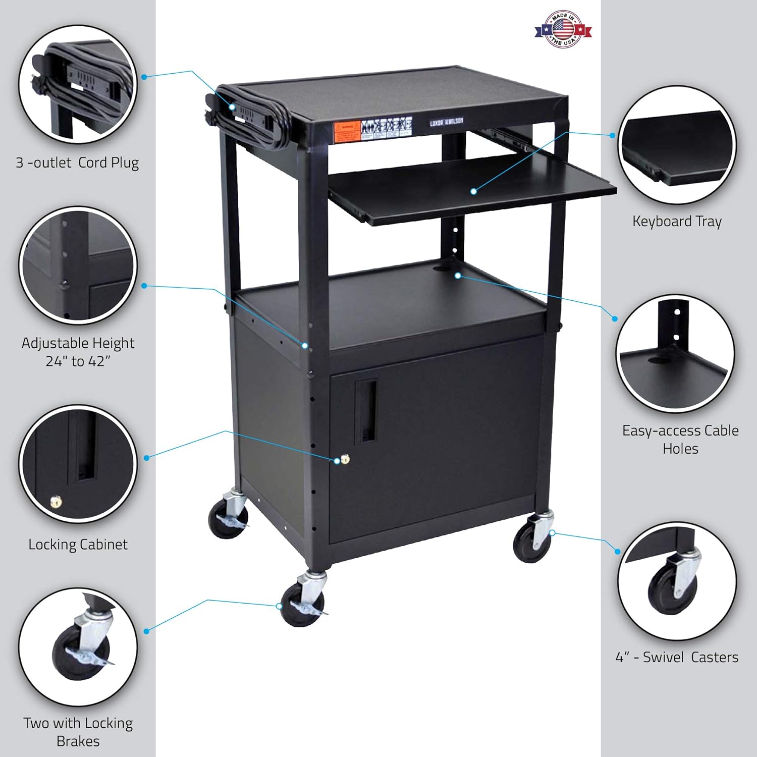 LUXOR AVJ42KBC Adjustable Steel A/V Cart - Cabinet with Pullout Trays