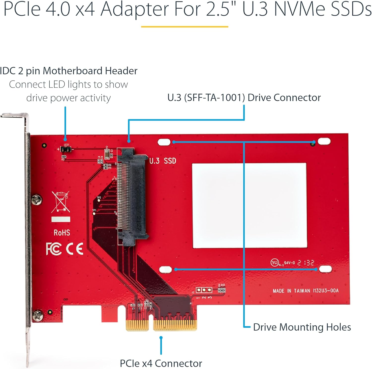 StarTech.com U.3 to PCIe Adapter Card - PCIe 4.0 x4 Adapter for 2.5" U.3 NVMe SSDs - SFF-TA-1001 PCI Express Add-in Card