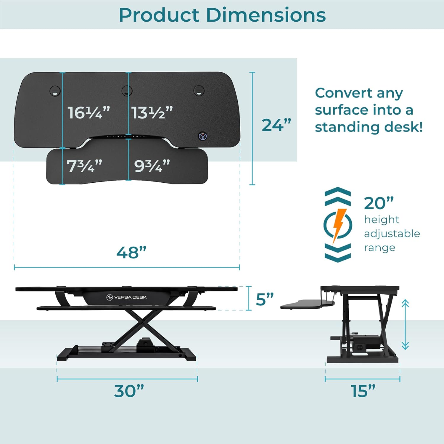 VERSADESK® PowerPro™ 48” x 24” Extra Wide Electric Sit-to-Stand Desk Converter w/ Keyboard Tray for Home or Office | USB