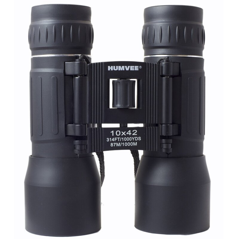 Humvee HMV-B-10X42-BLK Rubber Armor Compact Binocular with Anti-Reflective Ruby Red Lens, 10x42, Black