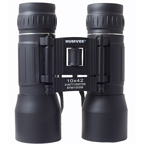 Humvee HMV-B-10X42-BLK Rubber Armor Compact Binocular with Anti-Reflective Ruby Red Lens, 10x42, Black