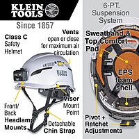 Klein Tools Safety Helmet, Type-2 Safety Helmet, Vented, Class C Helmet w / Light