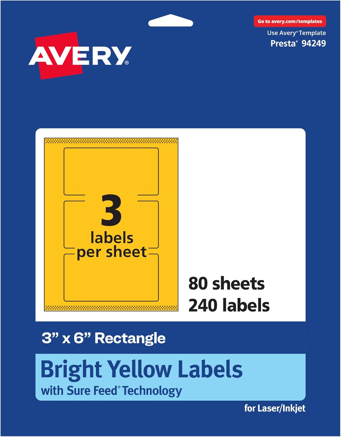 Avery Printable Rectangle Labels, Sure Feed Technology, 3 x 6, Bright Yellow, Print-to-The-Edge, Laser/Inkjet Printable