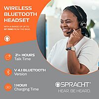 Spracht HS-2050 Single Ear Wireless Bluetooth Headset with Base Station | Noise Cancelling Headphones with Microphone for Pc