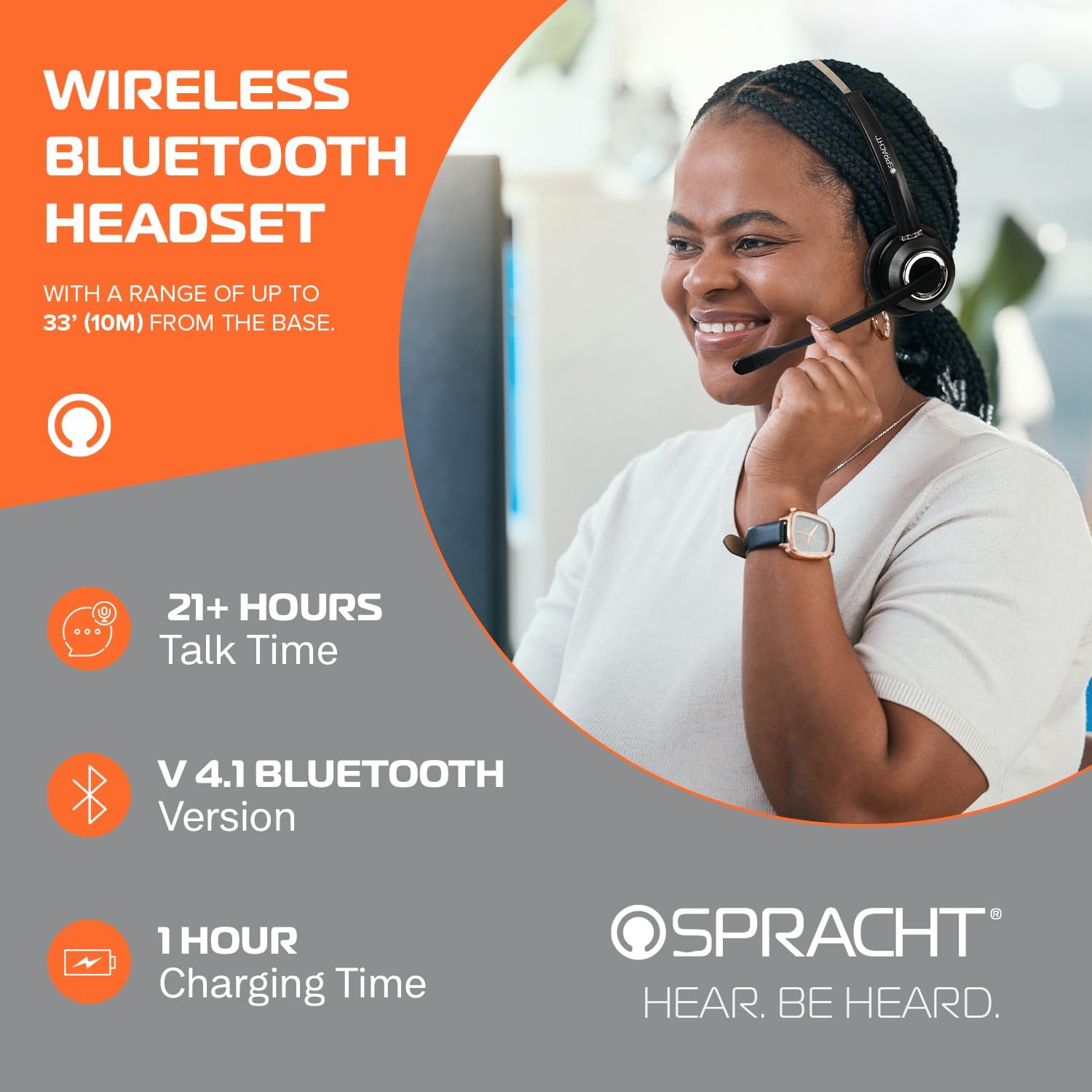 Spracht HS-2050 Single Ear Wireless Bluetooth Headset with Base Station | Noise Cancelling Headphones with Microphone for Pc