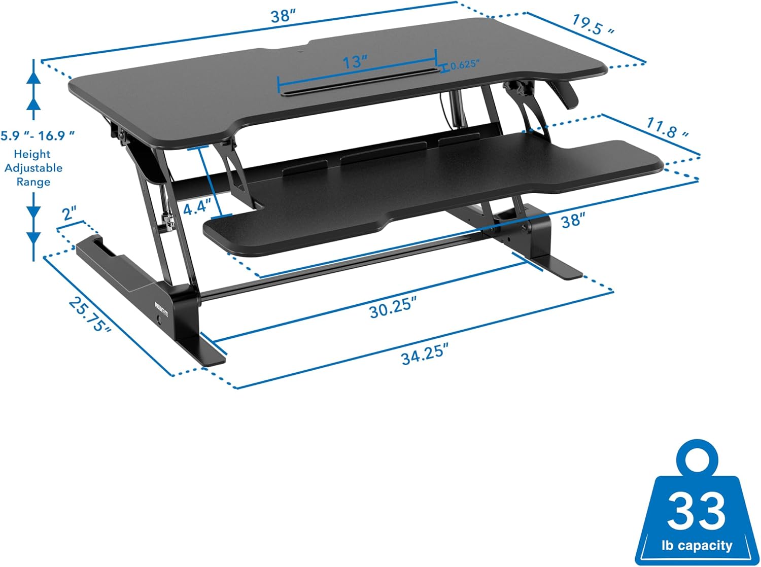 Mount-It! 38in Wide Height Adjustable Standing Desk Converter with Keyboard Tray