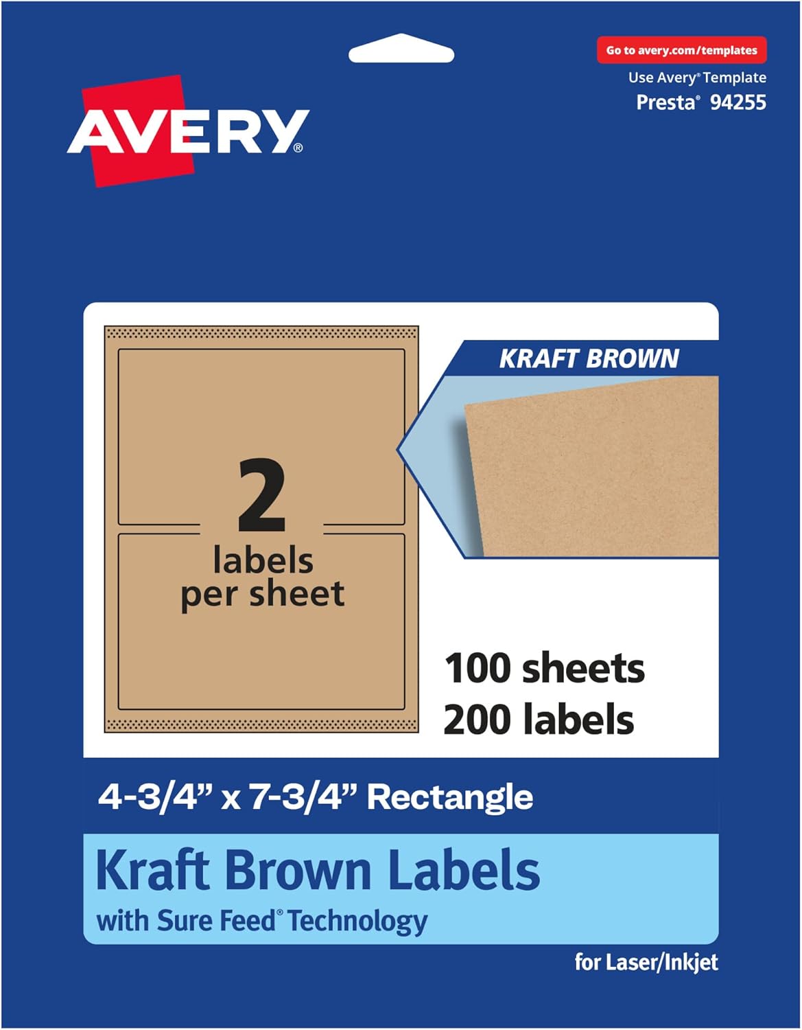 AVERY Kraft Brown Rectangle Labels, Sure Feed Technology, 4.75" x 7.75", Print-to-The-Edge, Laser/Inkjet Printable