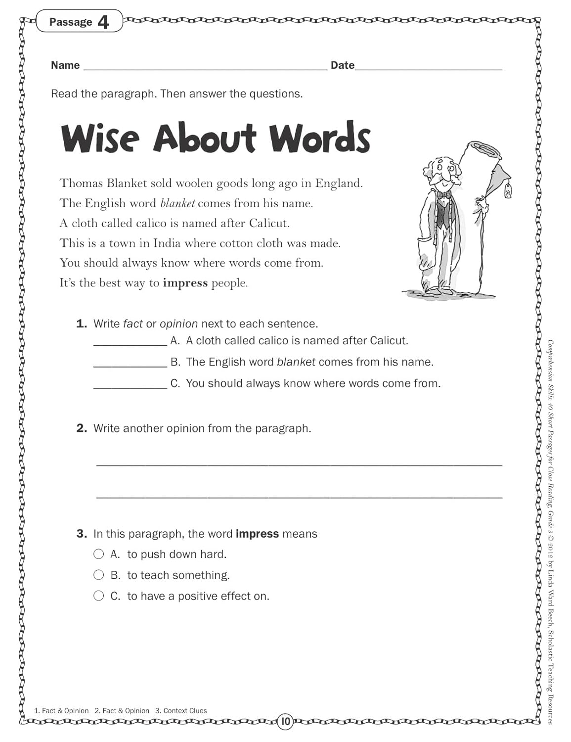 Scholastic Comprehension Skills: 40 Short Passages For Close Reading, Grade 3