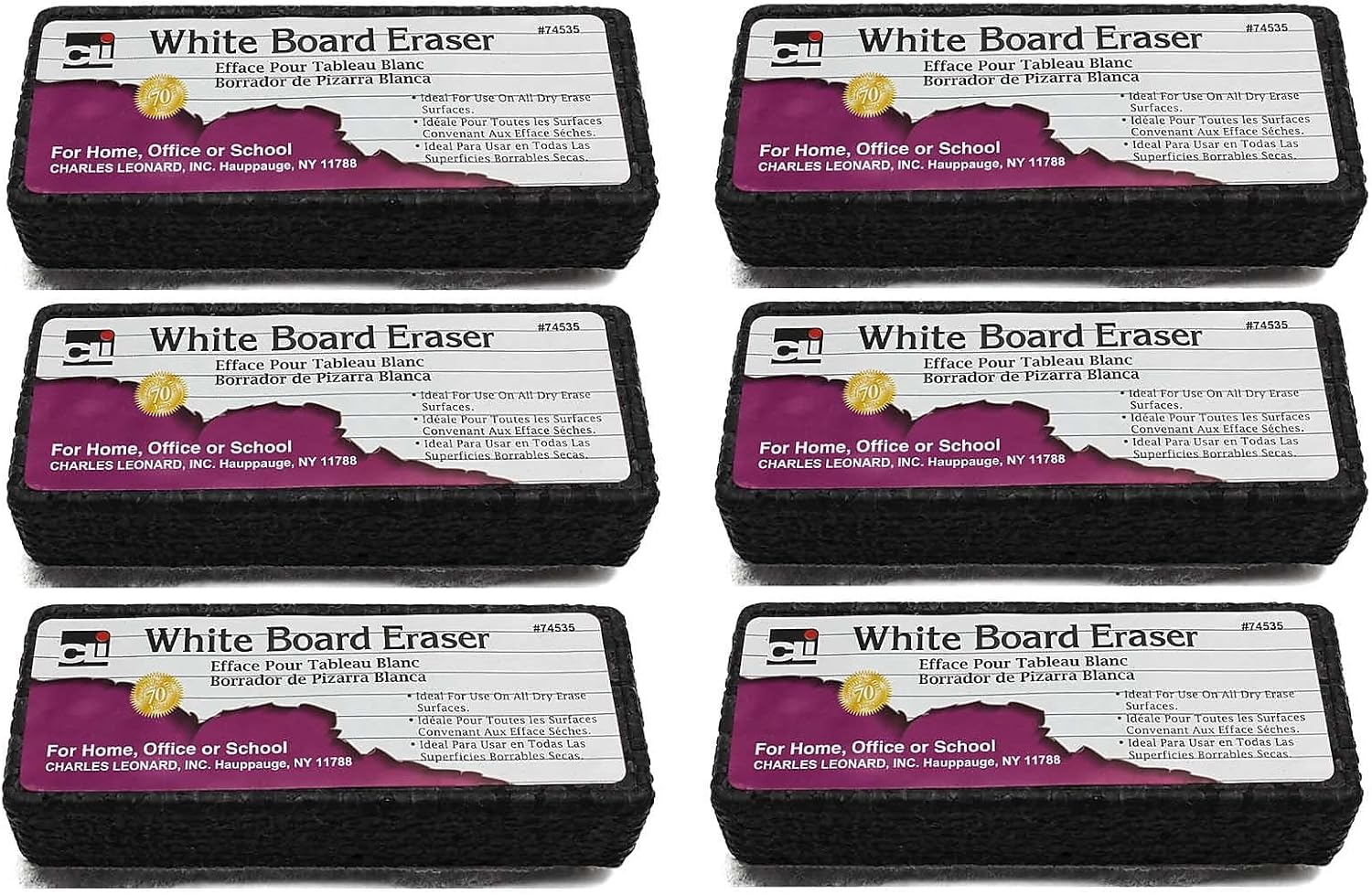 Charles Leonard Whiteboard Eraser, Felt/Foam, Gray and Black, Pack of 6