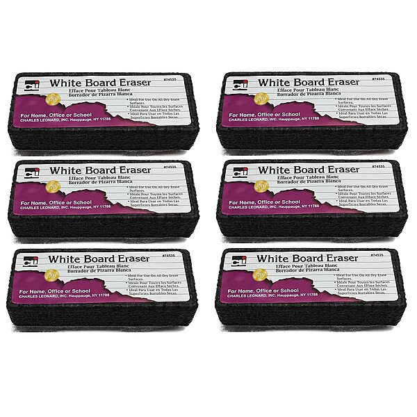 Charles Leonard Whiteboard Eraser, Felt/Foam, Gray and Black, Pack of 6