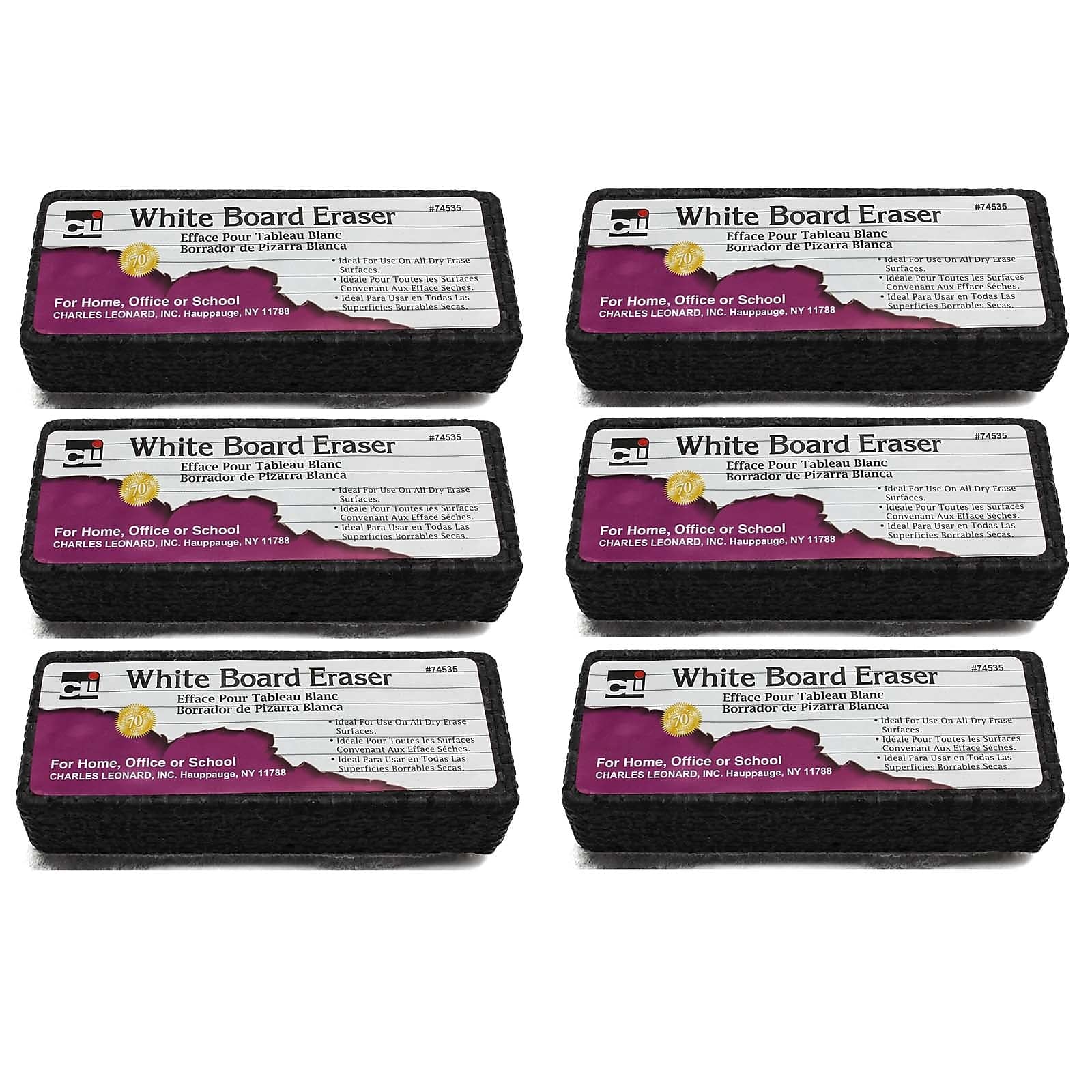 Charles Leonard Whiteboard Eraser, Felt/Foam, Gray and Black, Pack of 6
