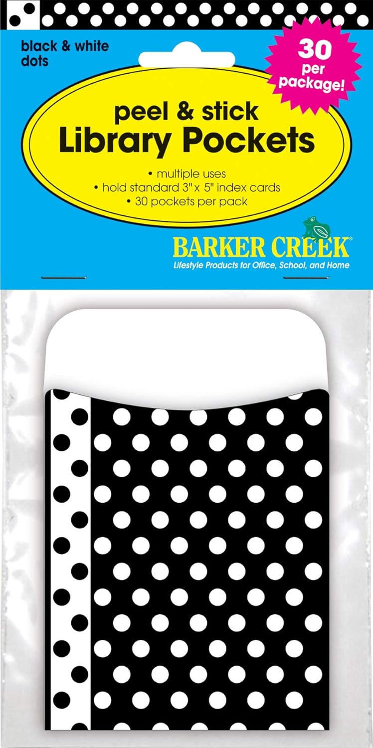 Barker Creek Library Pockets, Black & White Dots, Great for Holding Library, Index, and Flash Cards, Hall Passes, Recipes