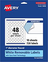Avery Matte White Removable Round Labels, Sure Feed Technology, Print-to-The-Edge, 1" Diameter, 720 Removable Labels, Laser/Inkjet Printable 720 labels