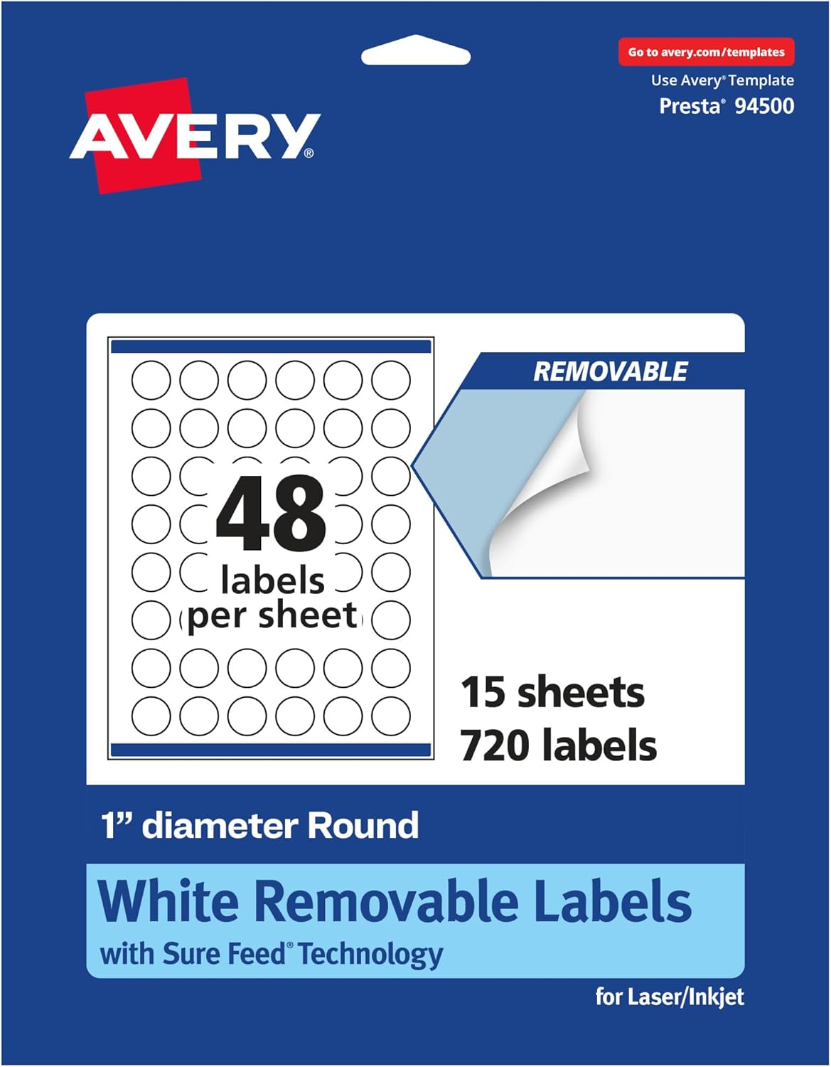 Avery Matte White Removable Round Labels, Sure Feed Technology, Print-to-The-Edge, 1" Diameter, 720 Removable Labels