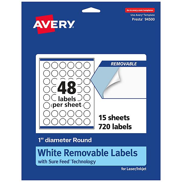 Avery Matte White Removable Round Labels, Sure Feed Technology, Print-to-The-Edge, 1" Diameter, 720 Removable Labels, Laser/Inkjet Printable 720 labels