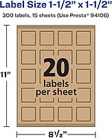 Avery Kraft Brown Square Labels, Sure Feed Technology, 1.5" x 1.5", 300 Kraft Brown Labels, Print-to-The-Edge, Laser/Inkjet Printable 300 labels