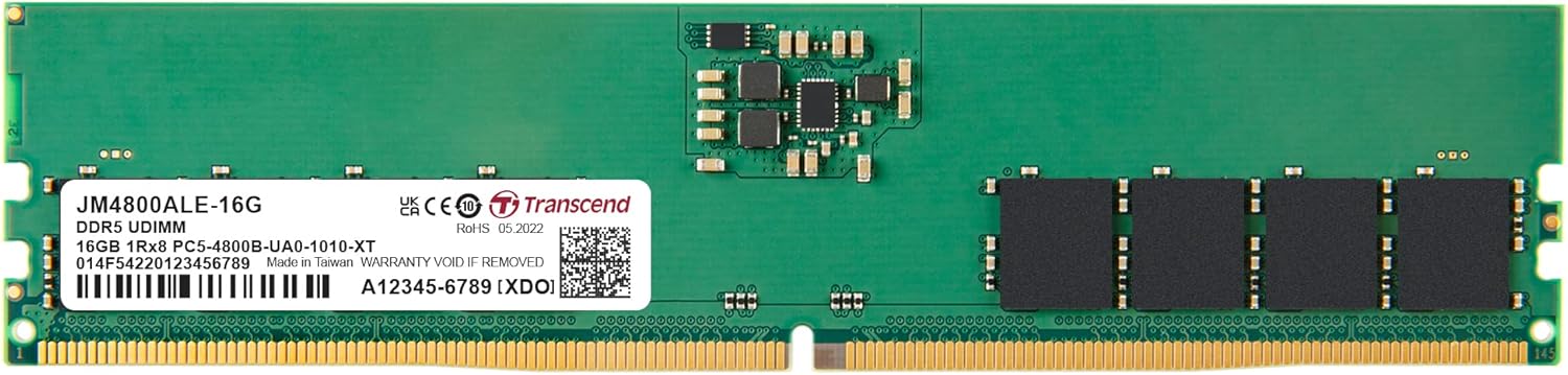 TRANSCEND 16GB DDR5 UDIMM Desktop RAM Module, On-die ECC, 288-pin, 1.1V