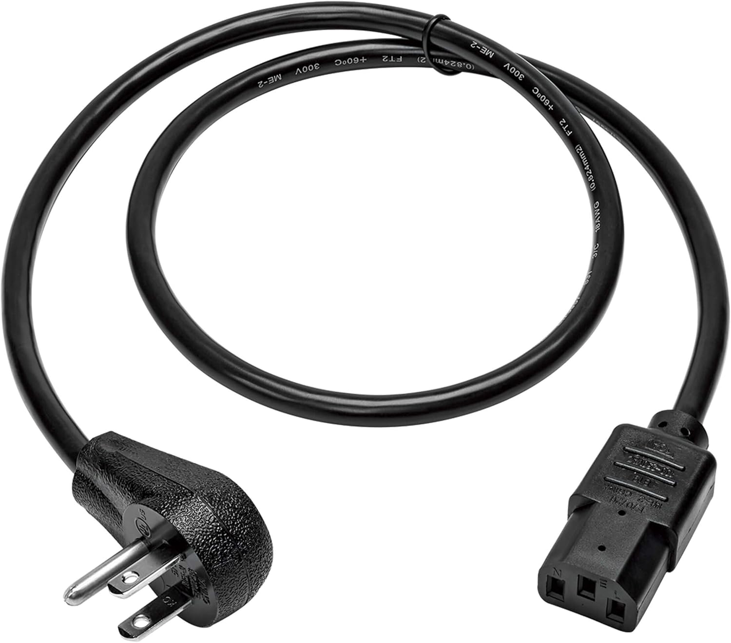 Tripp Lite Desktop Computer AC Power Cord, Right-Angle NEMA 5-15P to C13-10A, 125V, 18 AWG, 3 ft., Black