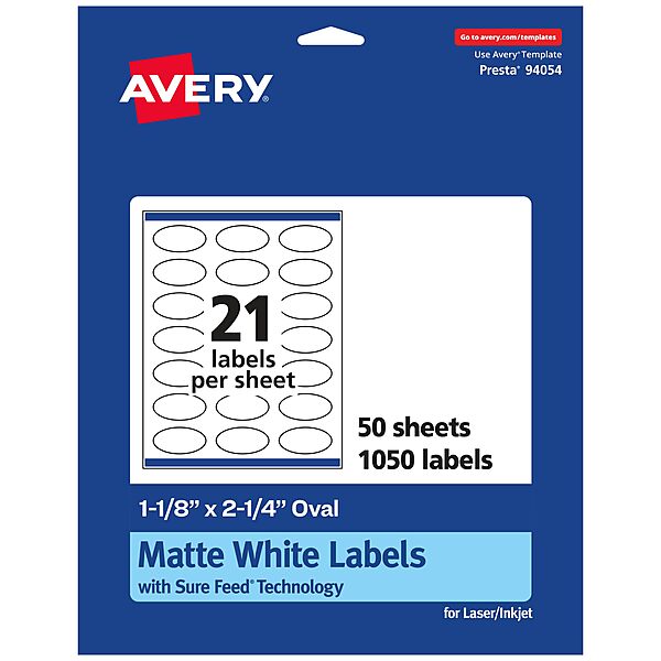 Avery Matte White Oval Labels, Sure Feed Technology, 1-1/8" x 2-1/4"