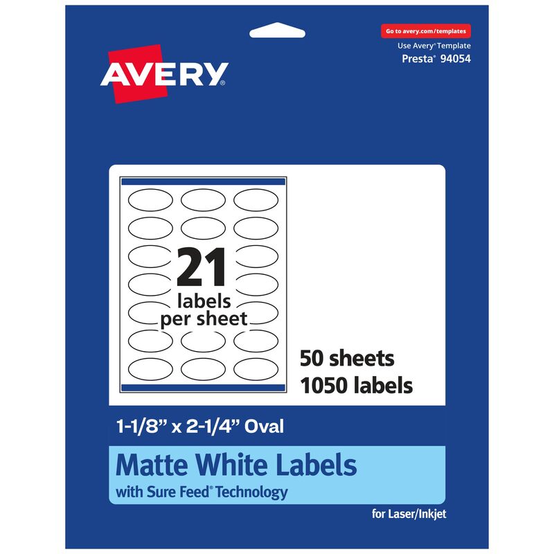 Avery Matte White Oval Labels, Sure Feed Technology, 1-1/8" x 2-1/4"