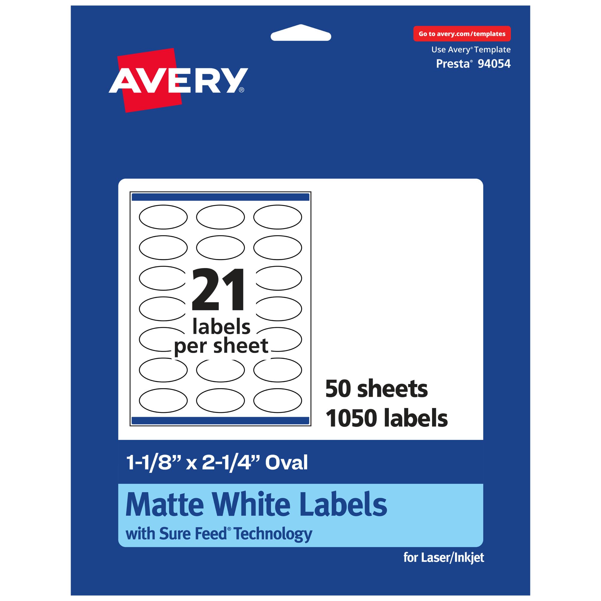 Avery Matte White Oval Labels, Sure Feed Technology, 1-1/8" x 2-1/4"