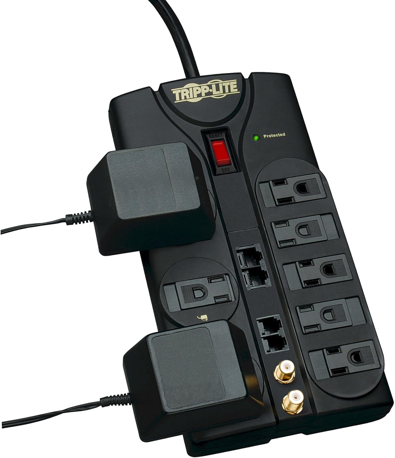 Tripp Lite 8 Outlet Surge Protector Power Strip, 10ft Cord, Right-Angle Plug, Tel/Modem/Coax/Ethernet Protection, RJ11, RJ45