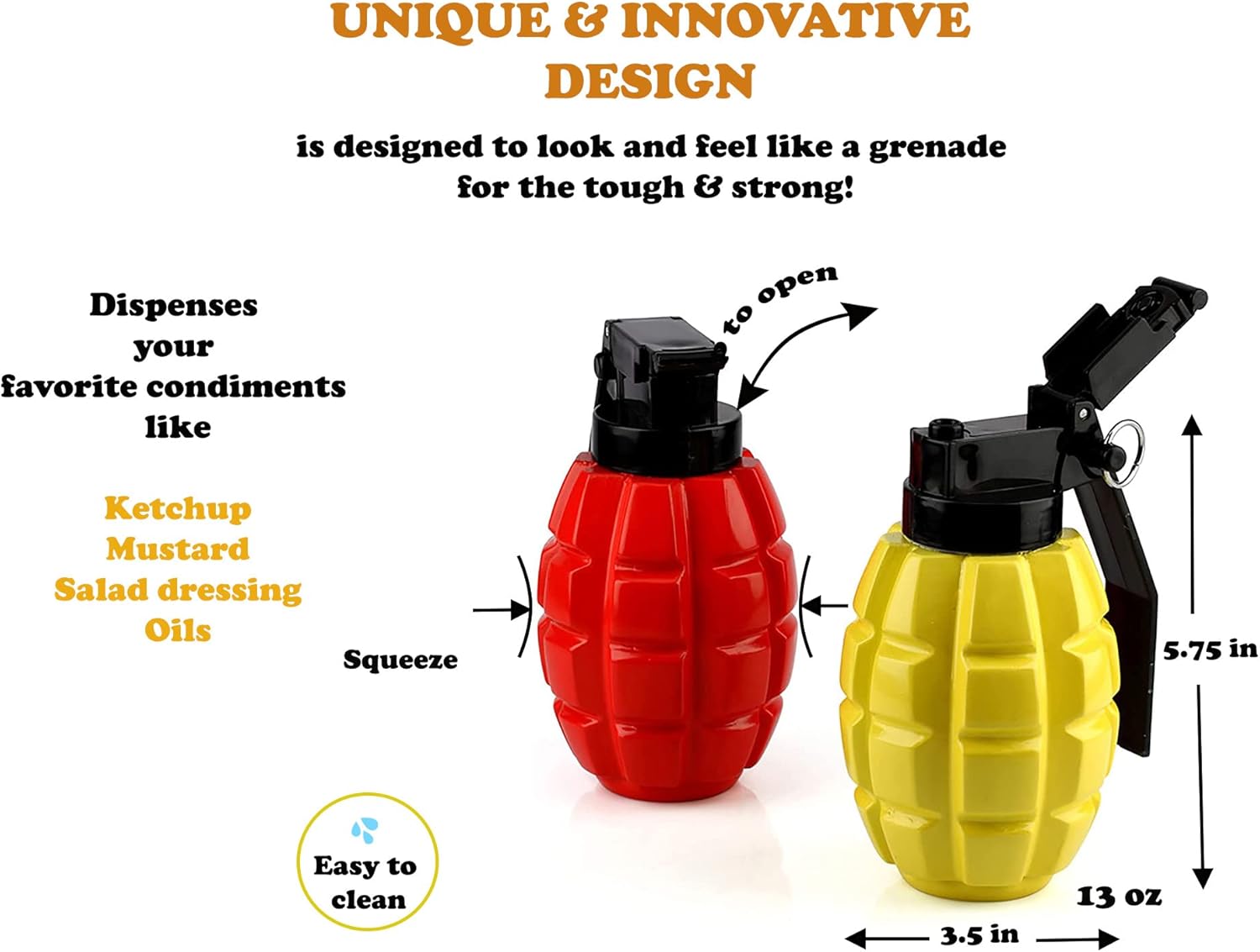 Caliber Gourmet Condiment Dispenser Set. Grenade Shape for BBQ Grill, Camping & Picnics, Ketchup Mustard Bundle Set