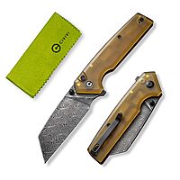CIVIVI Amirite Pocket Knife, Folding Knife with 3.48" Damascus Modified Wharncliffe Blade Ultem Handle, Button Lock Knife for Men Gift C23028-DS1 Matte Amber