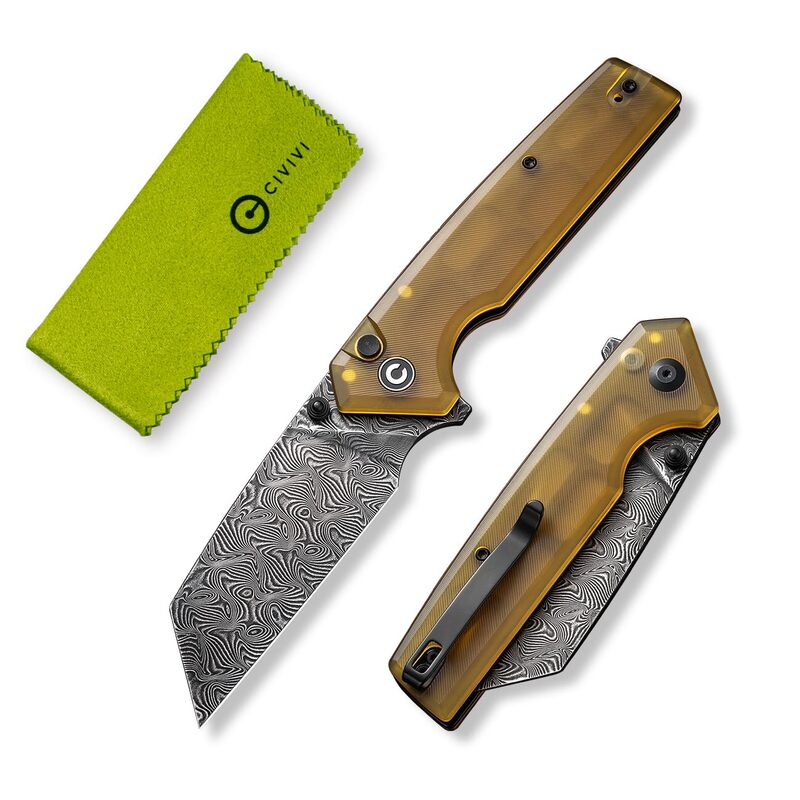 CIVIVI Amirite Pocket Knife, Folding Knife with 3.48" Damascus Modified Wharncliffe Blade Ultem Handle, Button Lock Knife for Men Gift C23028-DS1 Matte Amber