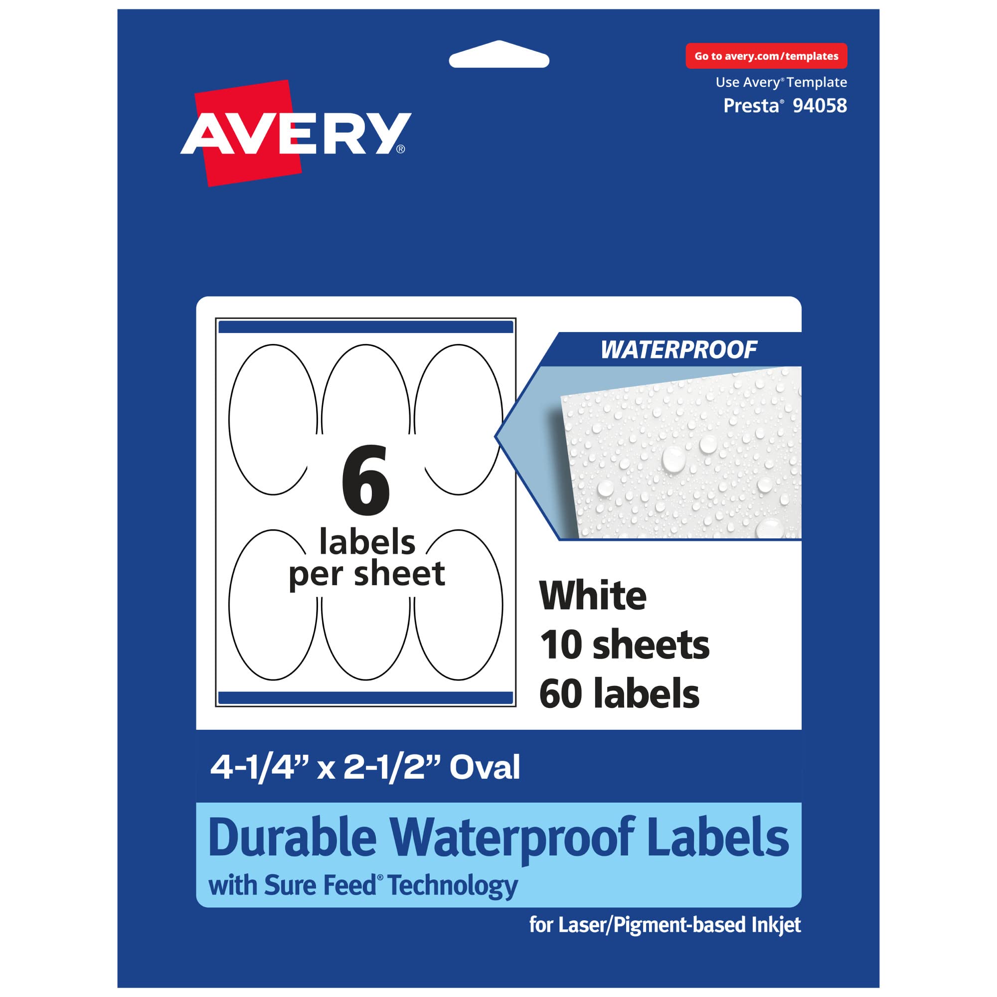 AVERY Durable Waterproof Oval Labels, Sure Feed Technology, 4.25" x 2.5"