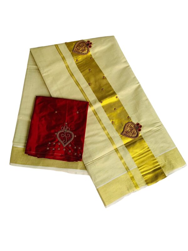 Kuthampully Kerala Kasavu Sarees For Women | Handcrafted Aari work Kerala Sarees | Tissue Onam Saree With Running Blouse | South Indian Sarees |EKM-763 (Red)