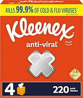 Kleenex Anti-Viral Facial Tissues, Classroom or Office Tissue, 4 Cube Boxes, 55 Tissues per Box, 3-Ply (220 Total Tissues) White 55 Count (Pack of 4)