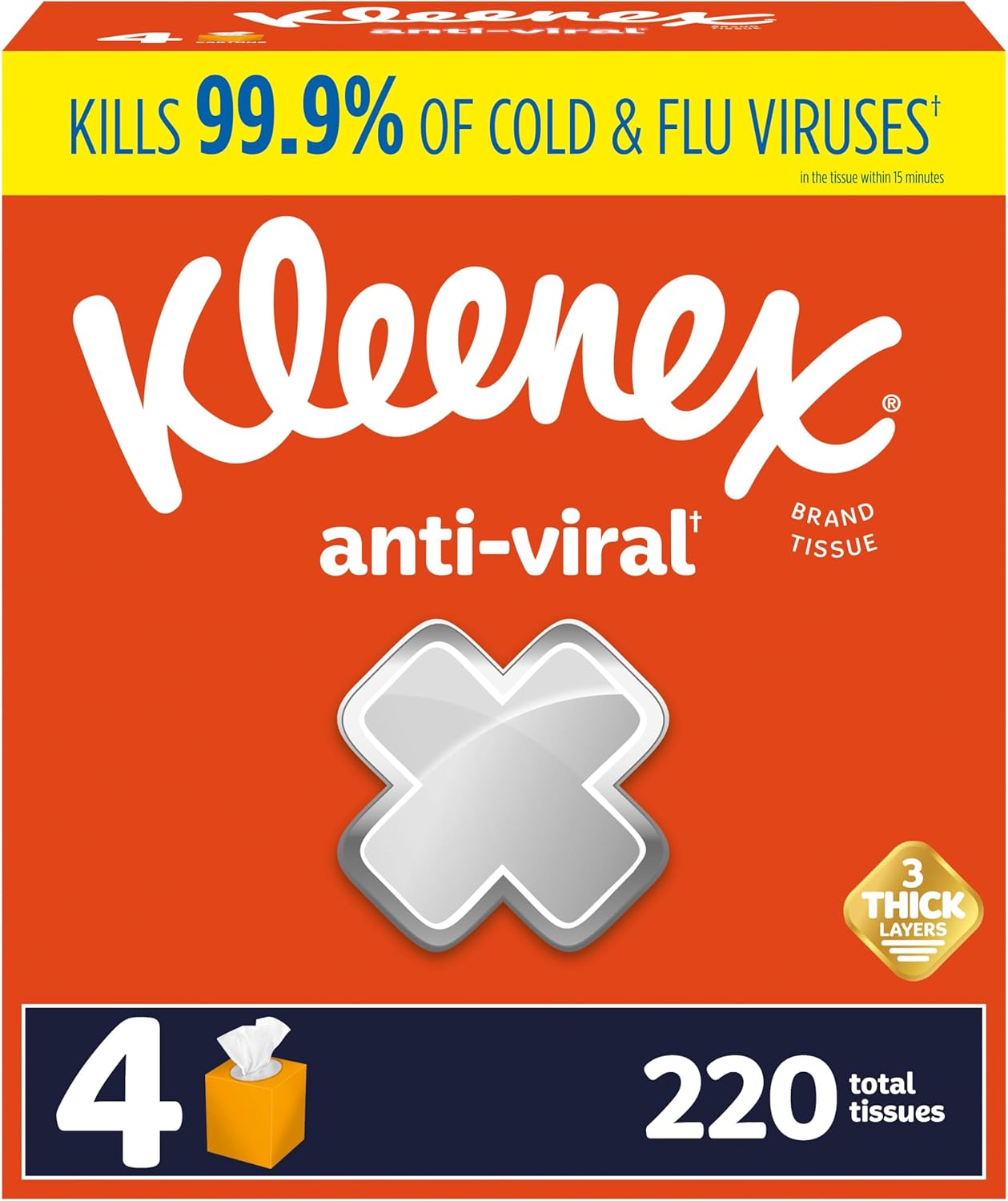 Kleenex Anti-Viral Facial Tissues, Classroom or Office Tissue, 4 Cube Boxes, 55 Tissues per Box