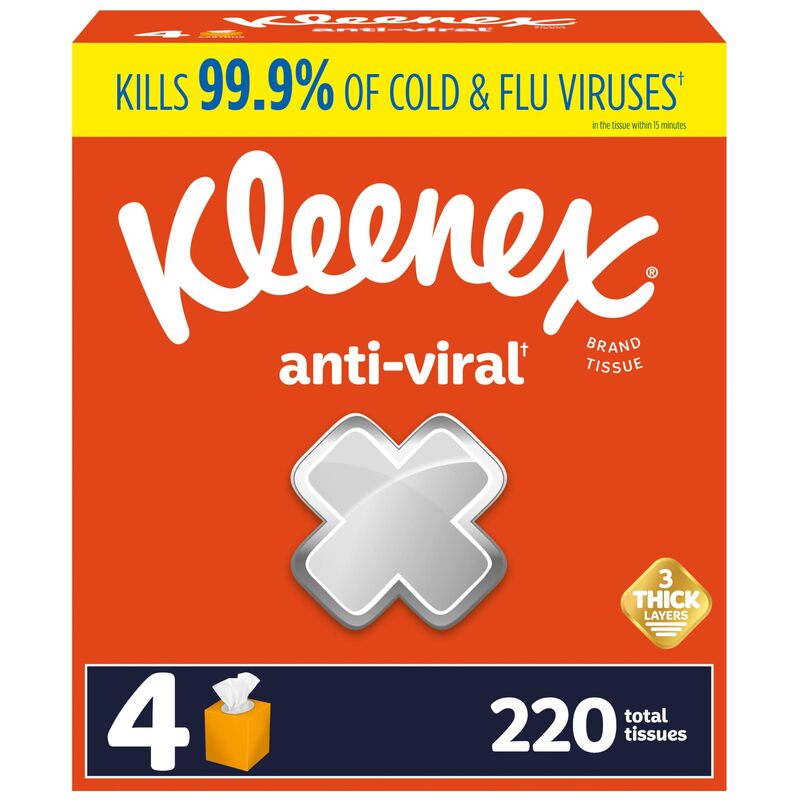 Kleenex Anti-Viral Facial Tissues, Classroom or Office Tissue, 4 Cube Boxes, 55 Tissues per Box, 3-Ply (220 Total Tissues) White 55 Count (Pack of 4)