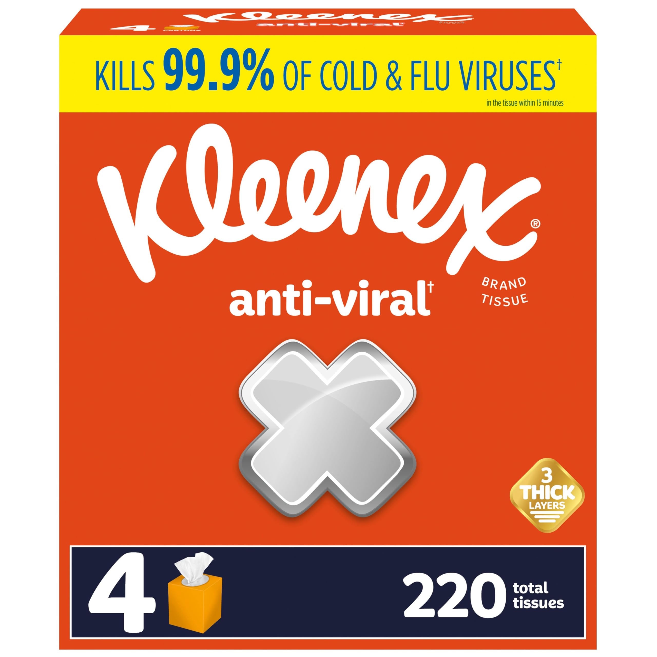 Kleenex Anti-Viral Facial Tissues, Classroom or Office Tissue, 4 Cube Boxes, 55 Tissues per Box