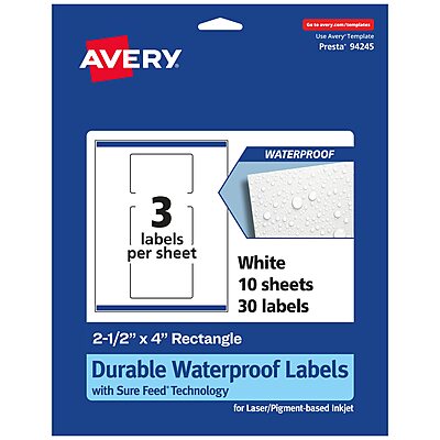 Avery Durable Waterproof Rectangle Labels, Sure Feed Technology, 2.5" x 4"