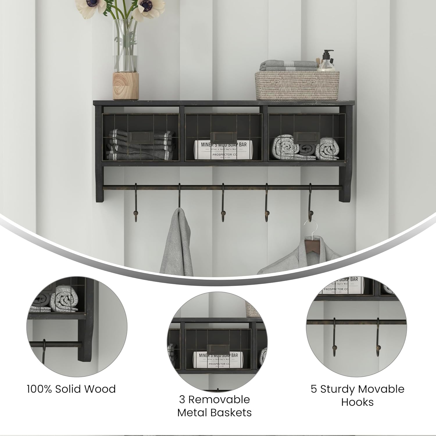 Flash Furniture Daly Wall Mounted Solid Pine Storage Rack