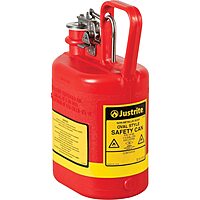 Justrite 14160 1 Gallon, 4 5/8" x 7 5/8" x 12 3/4" Size Type I Red Oval Polyethylene Safety Can with Stainless Steel Hard