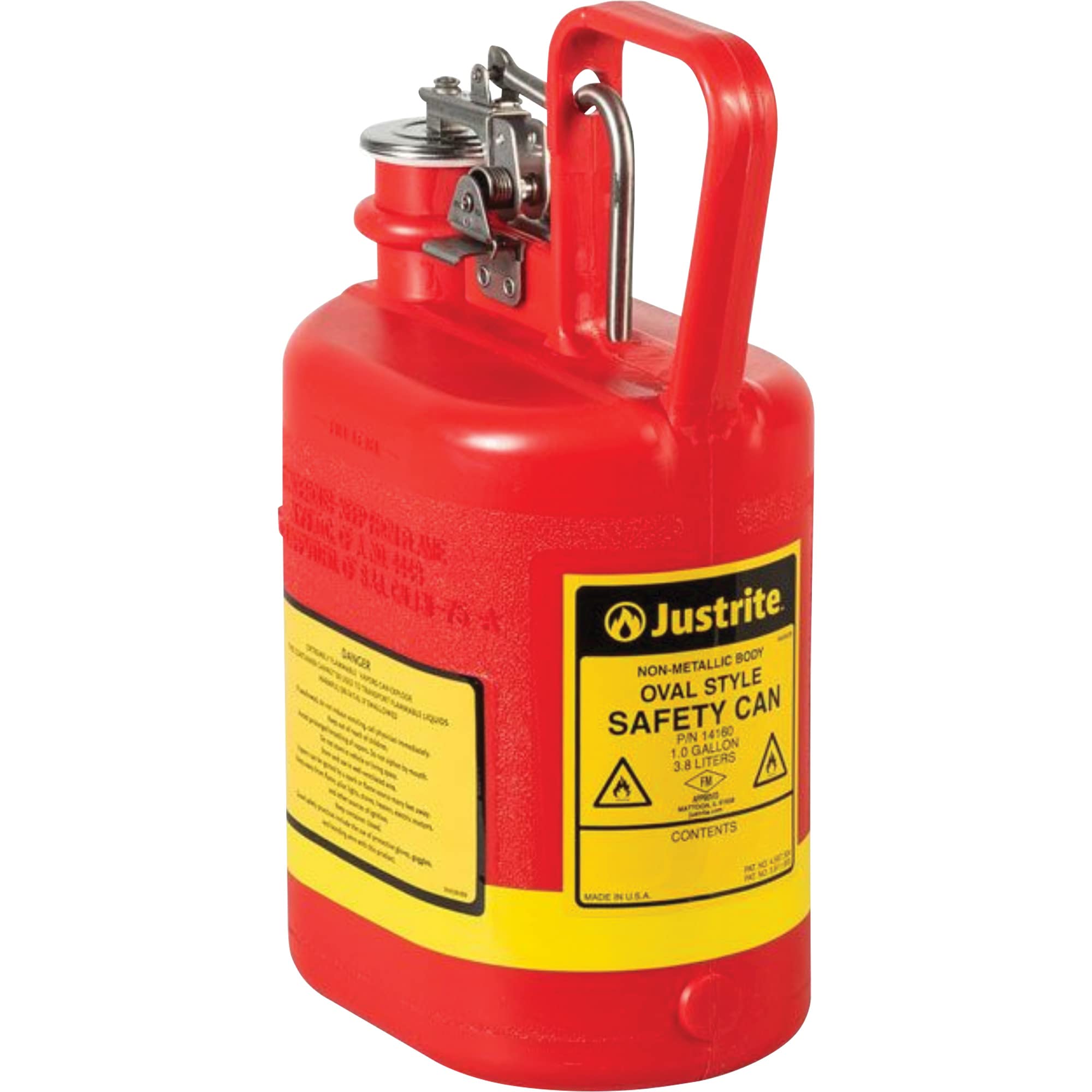 Justrite 14160 1 Gallon, 4 5/8" x 7 5/8" x 12 3/4" Size Type I Red Oval Polyethylene Safety Can with Stainless Steel Hard