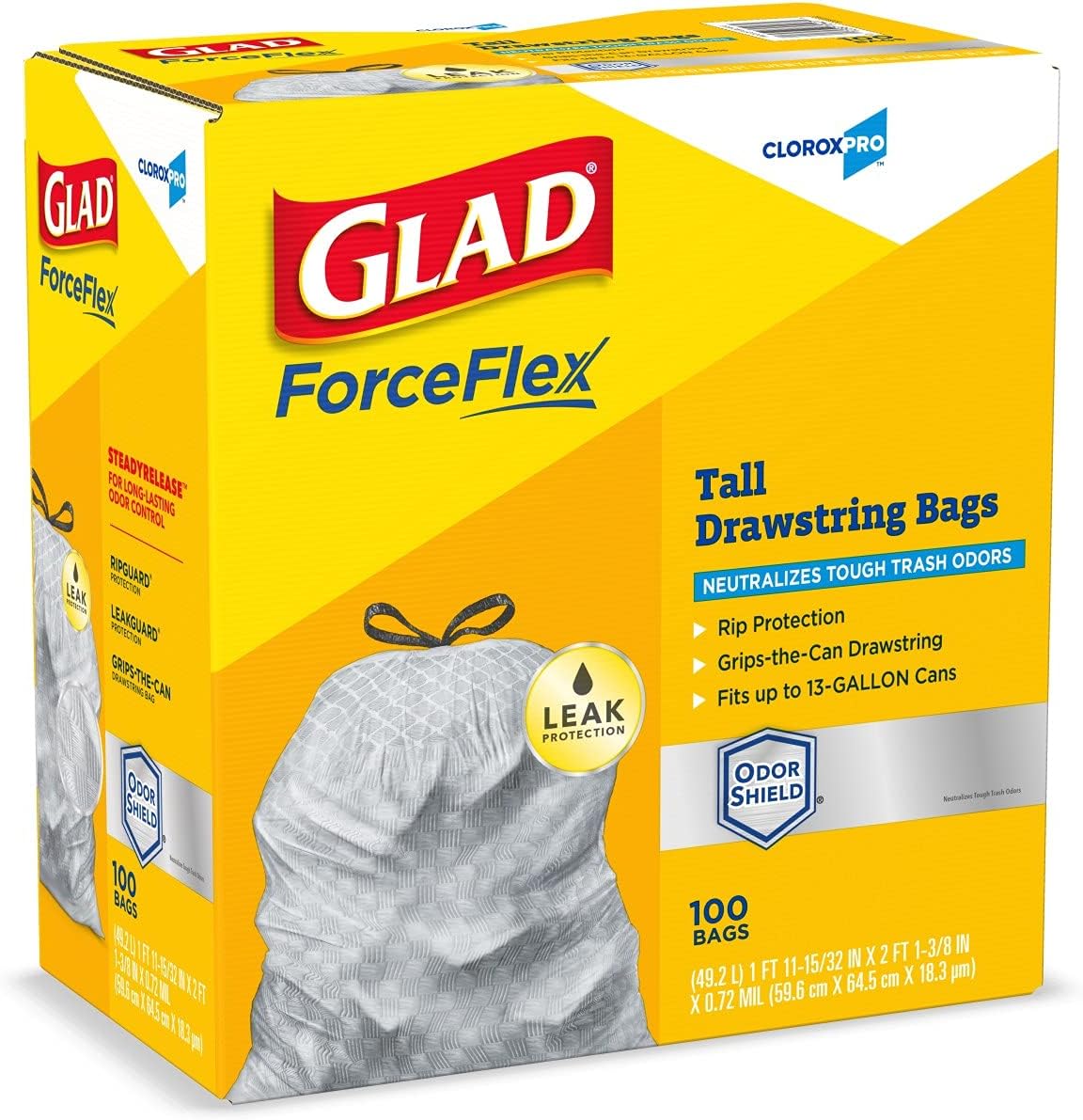 Glad Trash Bags, ForceFlex Tall Kitchen Drawstring Garbage Bags, Clorox 13 Gallon Trash Bags for Tall Trash Can