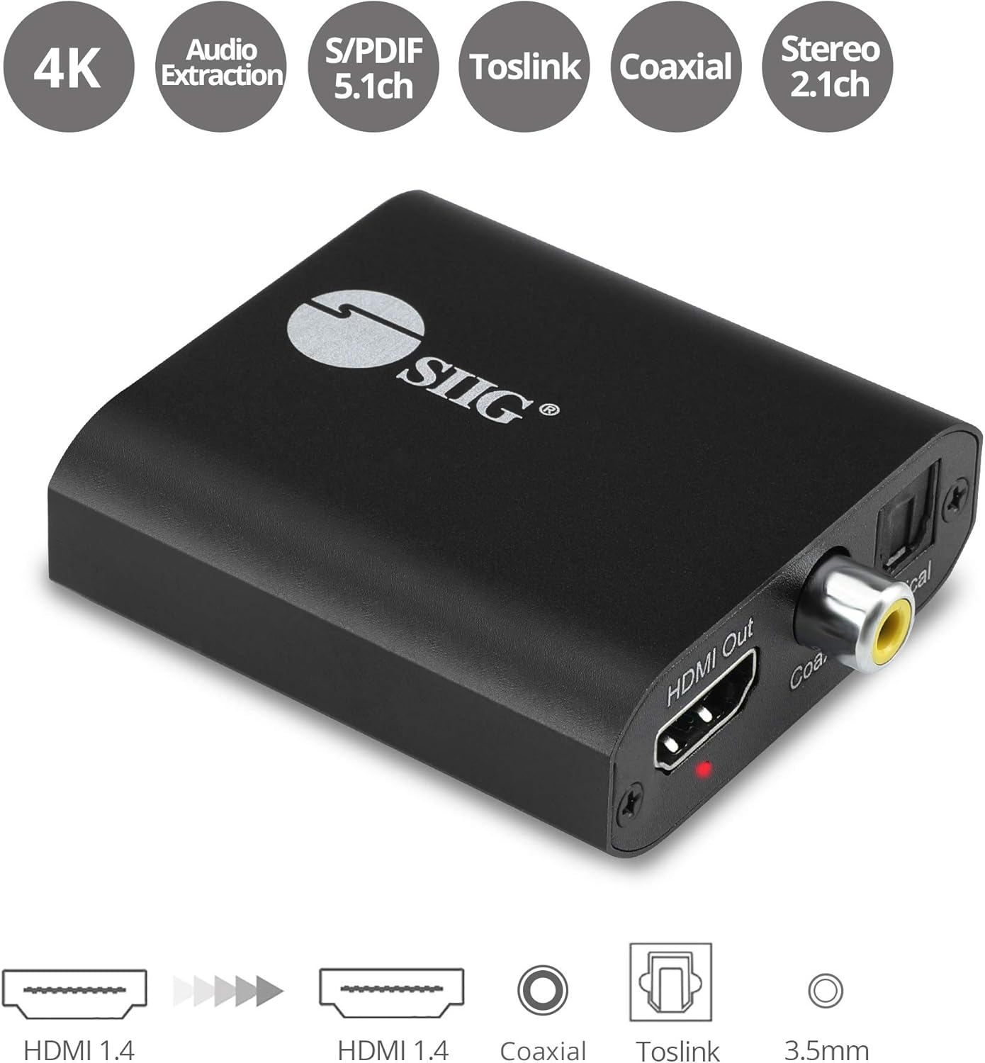 SIIG 4K HDMI Audio Extractor, 4K30Hz, HDCP 1.4, Audio Extract to Optical Toslink/Coaxial/ 3.5mm Simultaneously