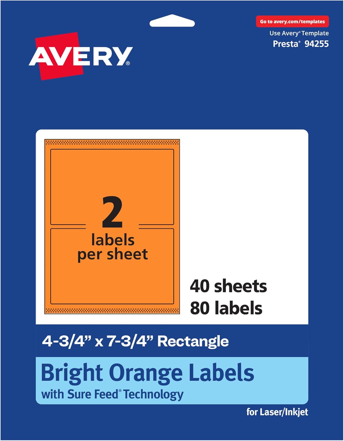 Avery Printable Rectangle Labels, Sure Feed Technology, 4.75 x 7.75, Bright Orange, Print-to-The-Edge, Laser/Inkjet Printable