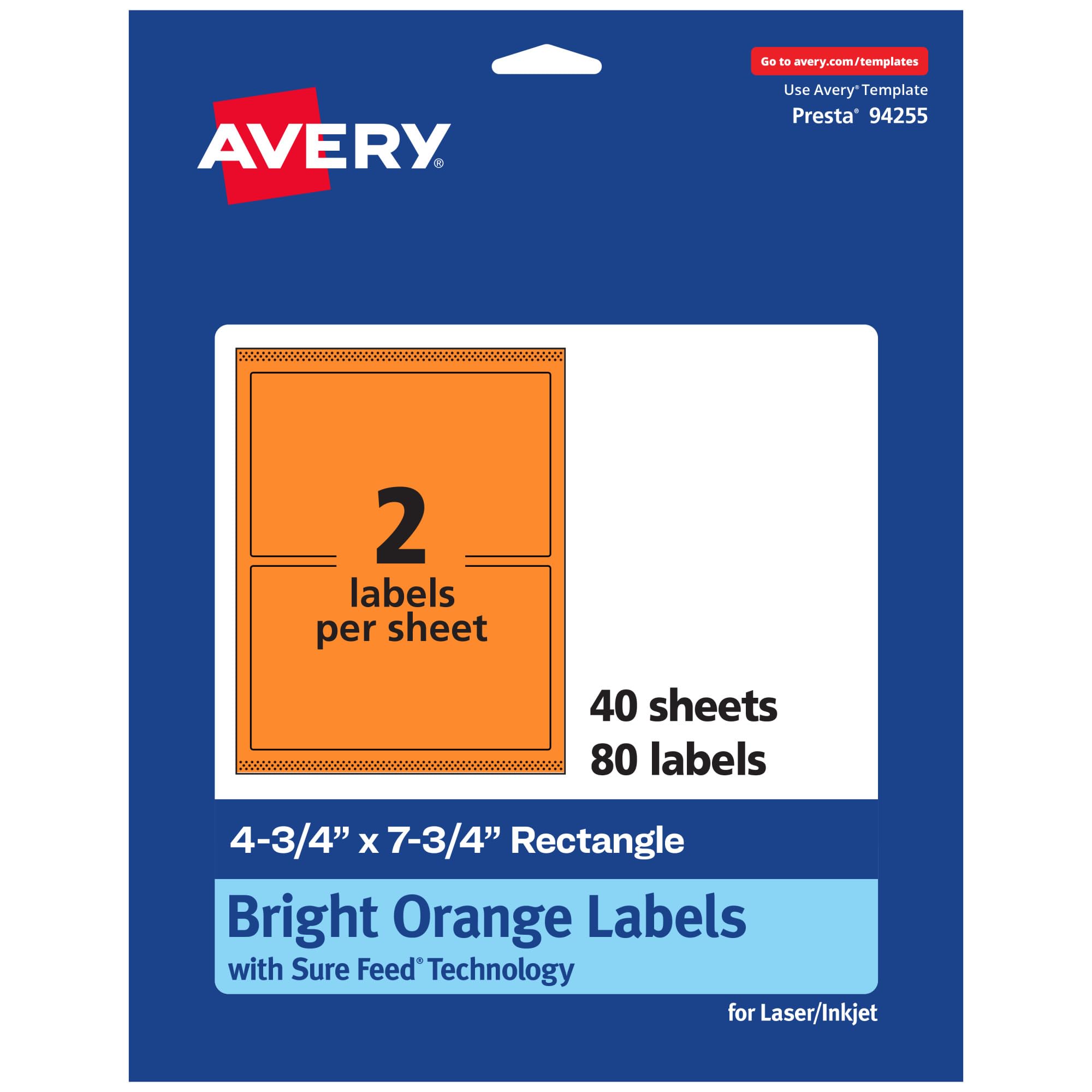 Avery Printable Rectangle Labels, Sure Feed Technology, 4.75 x 7.75, Bright Orange, Print-to-The-Edge, Laser/Inkjet Printable